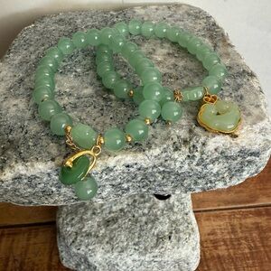 Elegant Green Beaded Bracelets with Gold Accents Set of 2